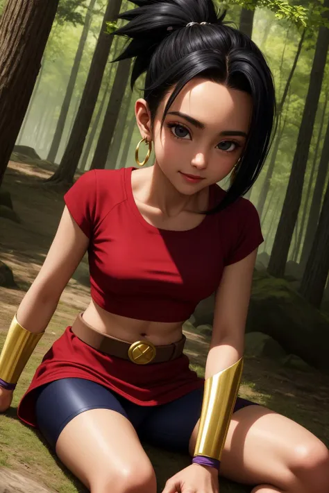 kale, 1girl, solo, black eyes, black hair, high ponytail, earrings,
red shirt, crop top, short sleeves, wristband, red skirt, bike shorts, vambraces, bracer, miniskirt, shorts under skirt, midriff, belt, bracelet,
smile,closed mouth,cowboy shot,sitting,
forest,outdoor,
(insanely detailed, beautiful detailed face, masterpiece, best quality) cinematic lighting,<lora:DBS_Kale_v1:1>, <lora:more_details:0.3>,