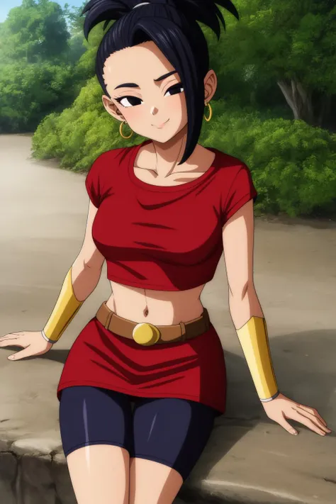 kale, 1girl, solo, black eyes, black hair, high ponytail, earrings, left sided bangs,
red shirt, crop top, short sleeves, wristband, red skirt, bike shorts, vambraces, bracer, miniskirt, shorts under skirt, midriff, belt, bracelet,
smile,closed mouth,cowboy shot,sitting,
forest,outdoor,
(insanely detailed, beautiful detailed face, masterpiece, best quality) cinematic lighting,<lora:DBS_Kale_v2:1>, <lora:more_details:0.3>,