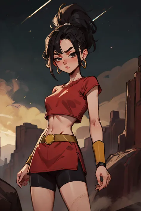 kale, black eyes, black hair, high ponytail, earrings, left sided bangs, red crop top, short sleeves, wristband, red skirt, bike shorts, bracers, looking at viewer, serious, worried, standing, shy pose, outside, canyon, dust, fog, night, stars, high quality, masterpiece, <lora:DBS_Kale_v2:.8>