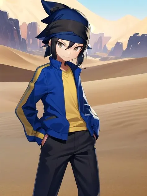 best quality, masterpiece, highres, highly detailed, 1boy, KojiM, bandana, yellow shirt, blue jacket, pants, digital artwork, illustrative, <lora:Detail - add_detail:0.1>, <lora:Detail - more_details:0.1> <lora:Character - KojiM:0.8>, desert, smug,