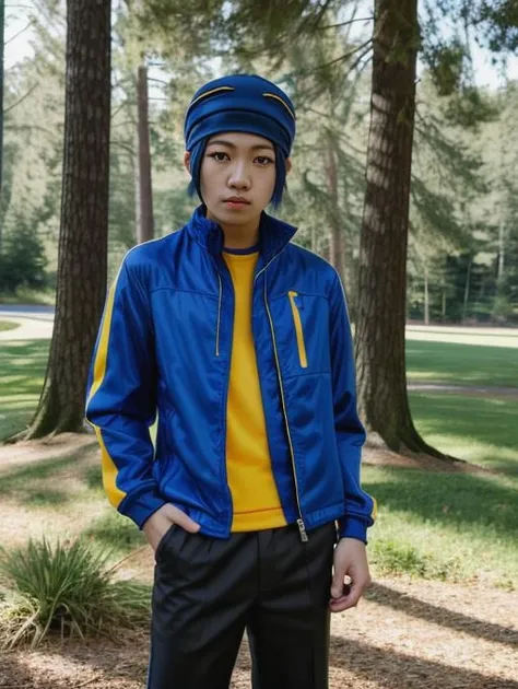 best quality, masterpiece, highres, highly detailed, 1boy, KojiM, bandana, yellow shirt, blue eyes, blue jacket, pants, digital artwork, illustrative, <lora:Detail - add_detail:0.1>, <lora:Detail - more_details:0.2> <lora:Character - KojiM:0.8>, outdoors, cosplay, happy, 20 year old cosplayer,
