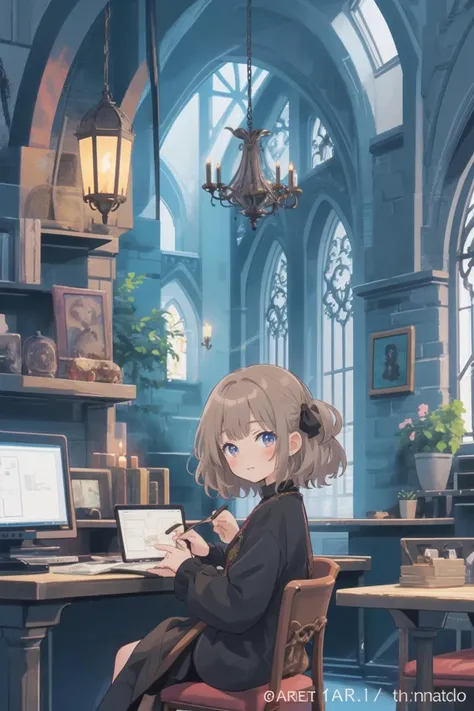 official art, fantasy, 1girl at castle