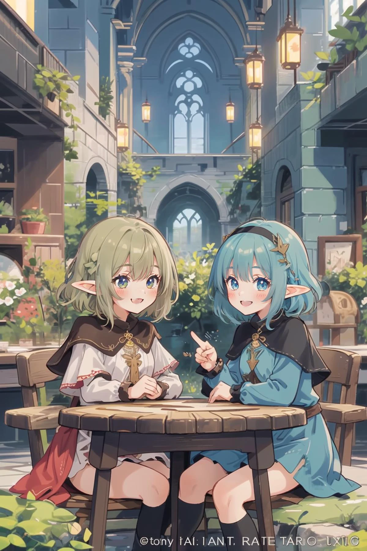 official art, fantasy, 2girls talking ,elf, adventurer's guild counter, smile