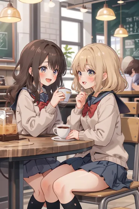 2 girls at coffee shop , sitting, school uniform, joyful talking, (anime)