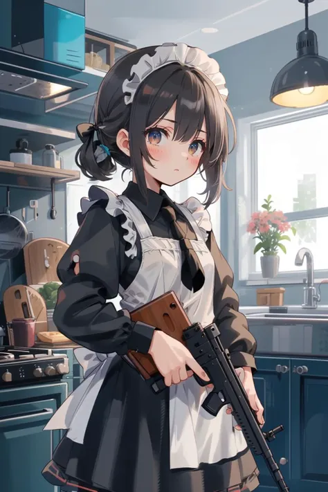 a woman in a maid outfit holding a rifle in a kitchen