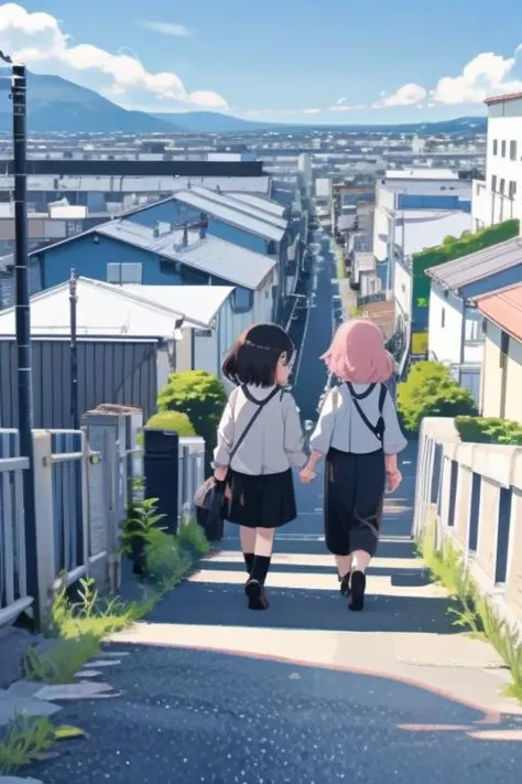 anime couple walking down a narrow street with houses in the background