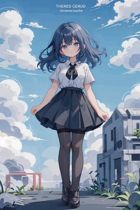 best quality, masterpiece, 1girl, solo, standing, full body, breast, black skirt, black legwear, thighhighs, black pantyhose, white shirt, short sleeves, long hair, blue hair, blue sky, clouds, background, , light and shadow, lighting,