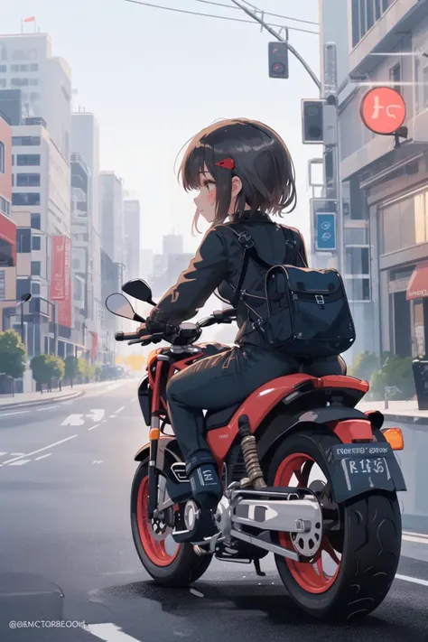 1girl riding motorcycle, back view