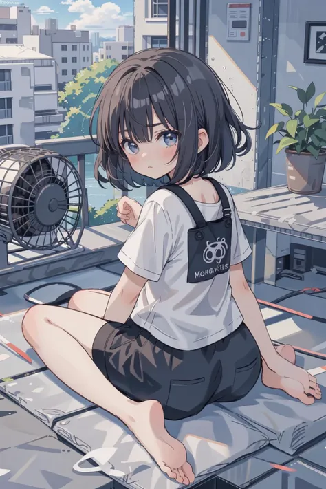 (anime, tone mapped:1.2), 1girl, arm support, backlighting, balcony, bangs, bare legs, barefoot, bob cut, contemporary, day, electric fan, from behind, frown, full body, hand on own knee, hand rest, light particles, looking at viewer, looking back, no lineart, on floor, print shorts, railing, scenery, shirt, short hair, short sleeves, shorts, sitting,  soles, solo, summer, sunlight, t-shirt, toes, white shirt, wind