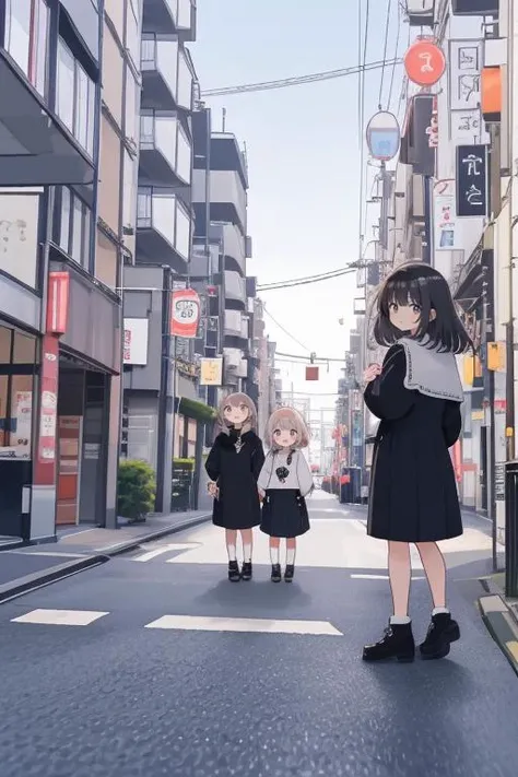 anime girl standing in the middle of a street with two girls