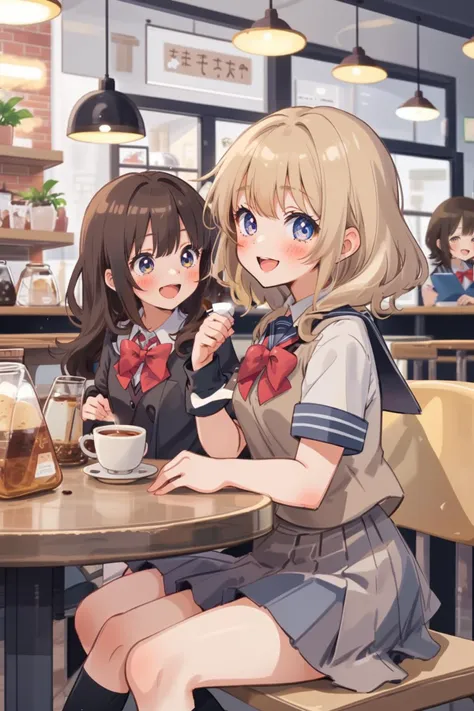 2 girls at coffee shop , sitting, school uniform, joyful talking, (anime)