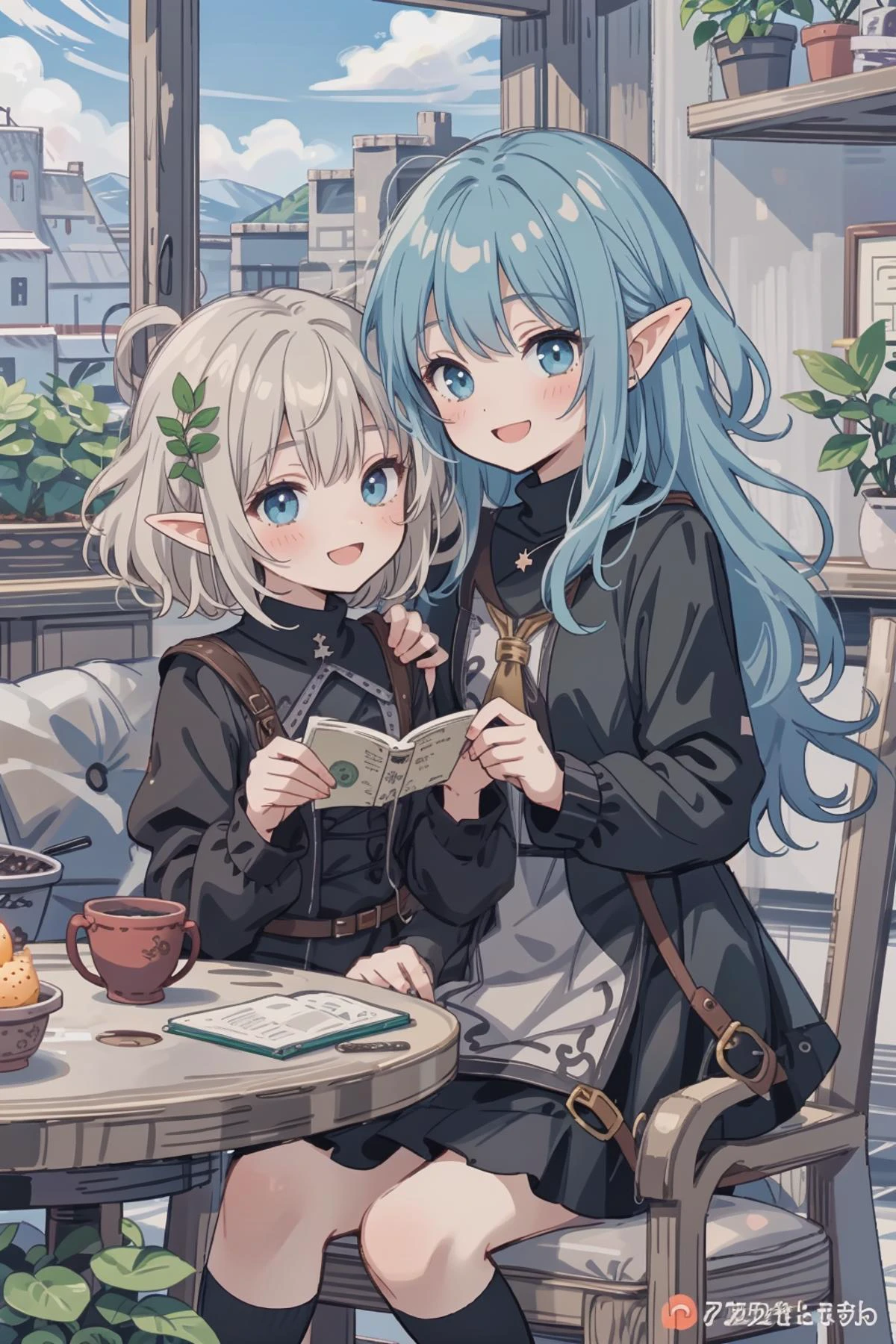 official art, fantasy, 2girls talking ,elf, adventurer's guild counter, smile