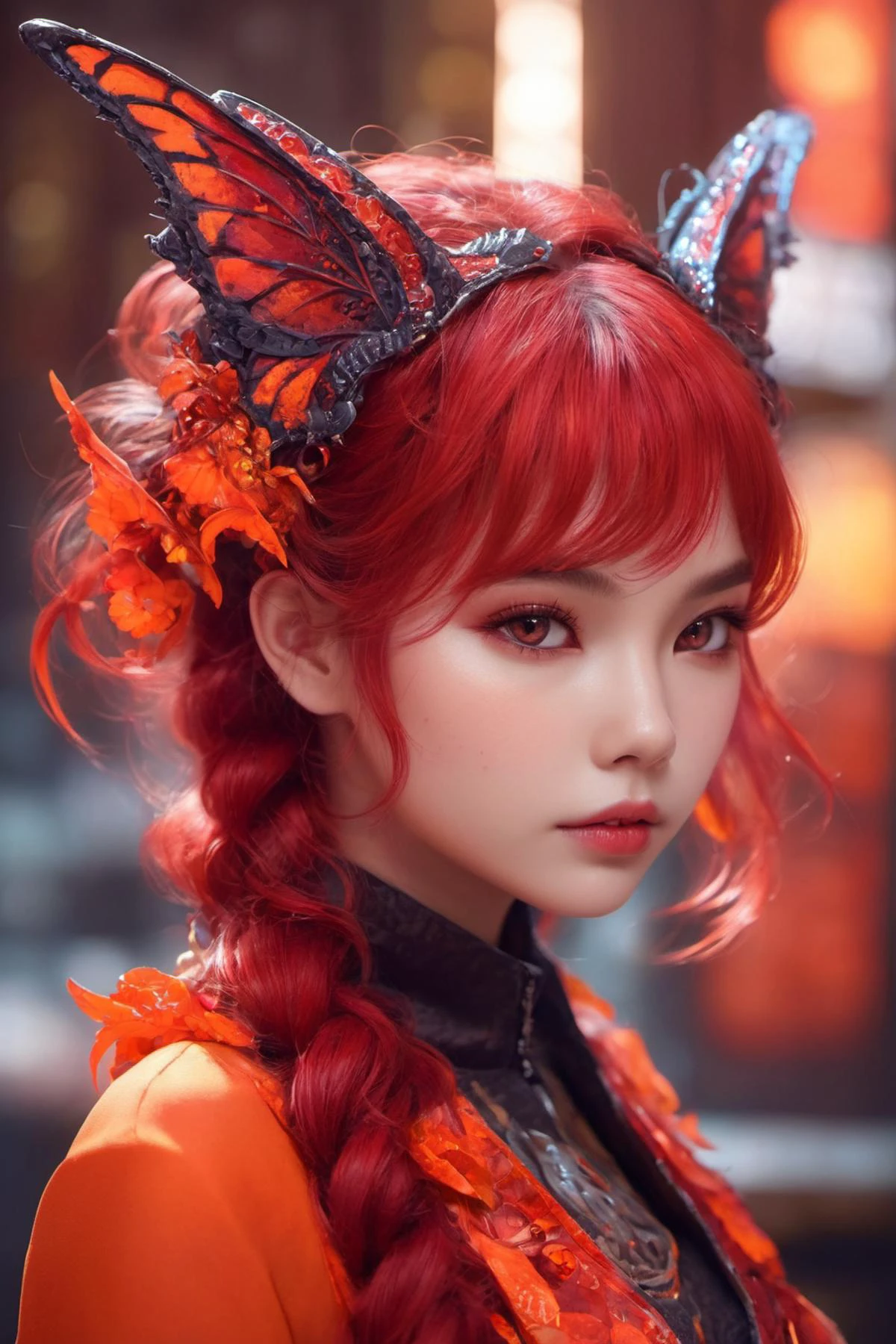 cat dragon girl, butterflies, detailed skin, scarlet rot, orange theme, red theme, photography of a cute cat dragon girl, big eyes, intricate details, realism, colorful cyberpunk <lora:moghxl-step00000350:1>