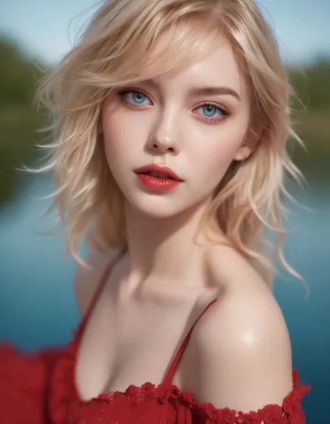 (photorealistic:1.2), lady, large breasts, best quality, detailed face, large beautiful eyes, (detailed, RAW color photo, Ultrarealistic:1.1), (moist skin:1.2),  in traindynamic angle, detailed wet clothes, blank stare, overexplosure, floating, black long straight, red eyes, aqua eyes, gradient eyes, ((blood)), white dress, frills, ((expressionless)), extremely beautiful detailed water, ((lying on the lake)), (bloodred water:1.5), (red background:1.3),