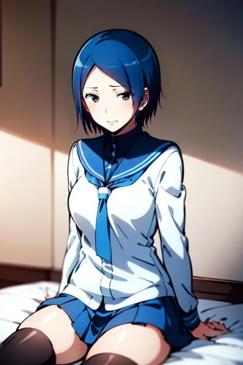 Masterpiece, highres, bestquality, 1girl, <lora:HiromiShiotaR4:0.8>, HiromiShiotaR4,, black eyes, blue hair, short hair, , serafuku, school uniform, mini skrit, thighhighs,