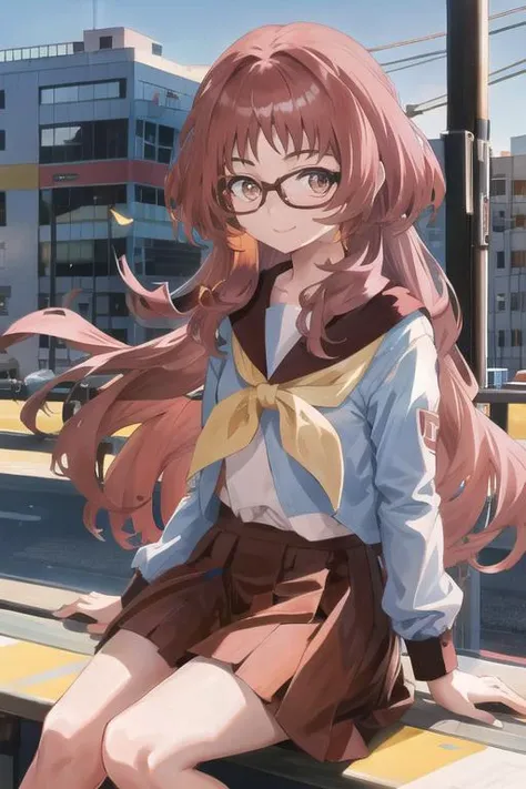 aimie, glasses, sitting, smile, looking at viewer, city <lora:ai_mie_v3.1-000005:1>