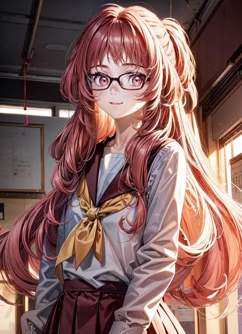 1girl,aimie,long hair,wavy hair,dark pink hair,eyes almost closed,eyes slightly open,dark pink eyes,school uniform,school suit,smile,smiling,(glasses),red glasses,(messy hair),(classroom),(front view),looking at viewer,facing viewer,masterpiece,extremely detailed CG unity 8k wallpaper, best quality,32k,focus sharp, <lora:ai_mie_v3.1-000005:1>, <lora:more_details:0.8>, <lora:Light and Shadow:0.7>