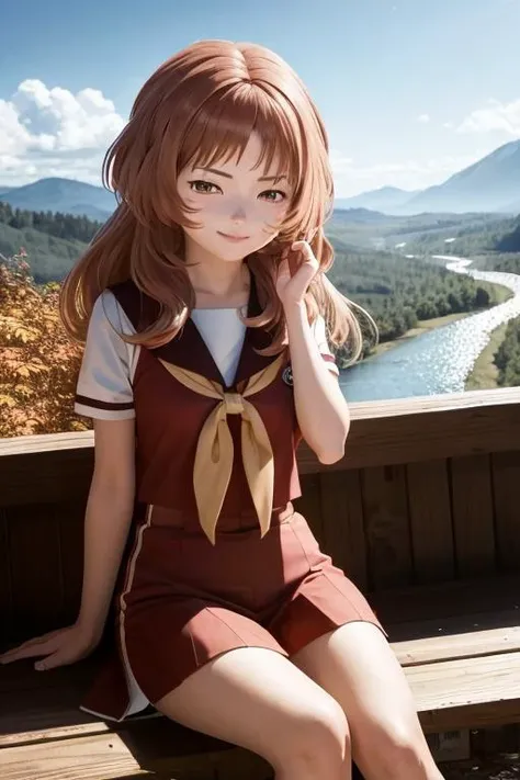 aimie, squinting, sitting, smile, looking at viewer, mountain, river <lora:ai_mie_v3.1-000005:1>