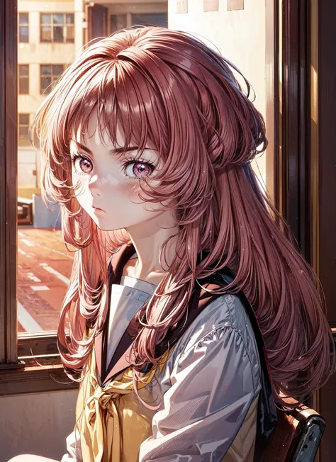 1girl,aimie,long hair,wavy hair,dark pink hair,eyes almost closed,eyes slightly open,furrowed eyebrows,dark pink eyes,small eyes,(small iris),school uniform,school suit,(close face),face very close,(messy hair),concentrated expression,(classroom),(front view),looking at viewer,facing viewer,(sit),sit at chair,masterpiece,extremely detailed CG unity 8k wallpaper, best quality,32k,focus sharp, <lora:ai_mie_v3.1-000005:1>, <lora:more_details:0.8>, <lora:Light and Shadow:0.7>