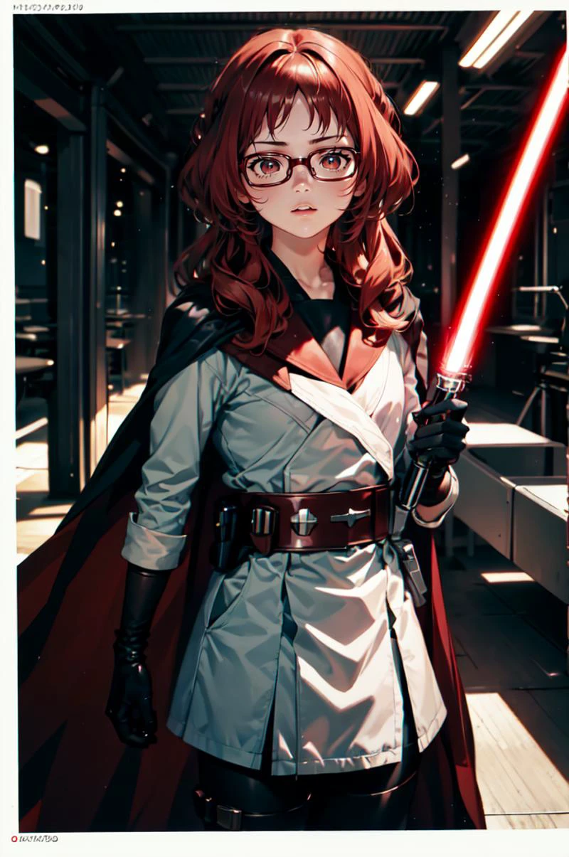<lora:LightSaber:0.8> zzLightSaber, belt, cape, gloves, <lora:ai_mie_v3.1:1> aimie, red-framed eyewear,, absurdres, ultra detailed, masterpiece, best quality, aesthetic, detailed,