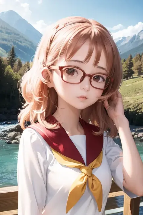 1girl, ai_mie, medium hair, glasses, sailor collar, serafuku, mountain, river <lora:ai_mie_v2-200:1>