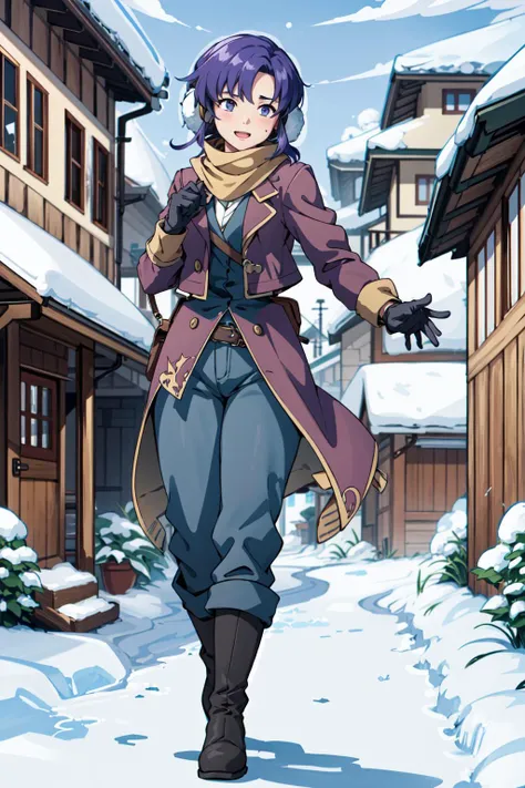 ursula fe,1girl,short hair,sweater,scarf,in snowy village,outdoors,thick pants,happy,thick gloves,earmuffs,boots,full body,<lora:Ursula_FE:0.85>