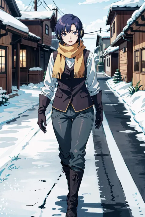 ursula fe,1girl,short hair,sweater,scarf,in snowy village,outdoors,thick pants,happy,thick gloves,earmuffs,boots,full body,<lora:Ursula_FE:0.8>