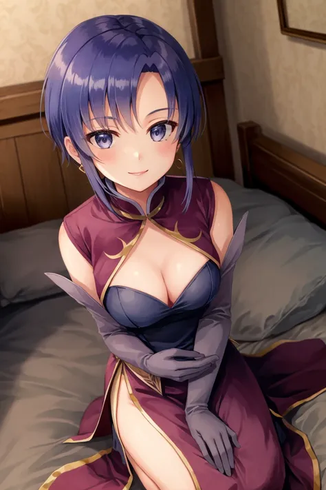 <lora:Ursula_FE-10:0.8> ursula fe, 1girl, solo, looking at viewer, smile, short hair, gloves, dress, cleavage, bare shoulders, jewelry, medium breasts, earrings, elbow gloves, side slit, seiza, from above, looking at viewer, smile, hands on own lap, indoors, bed, bedroom