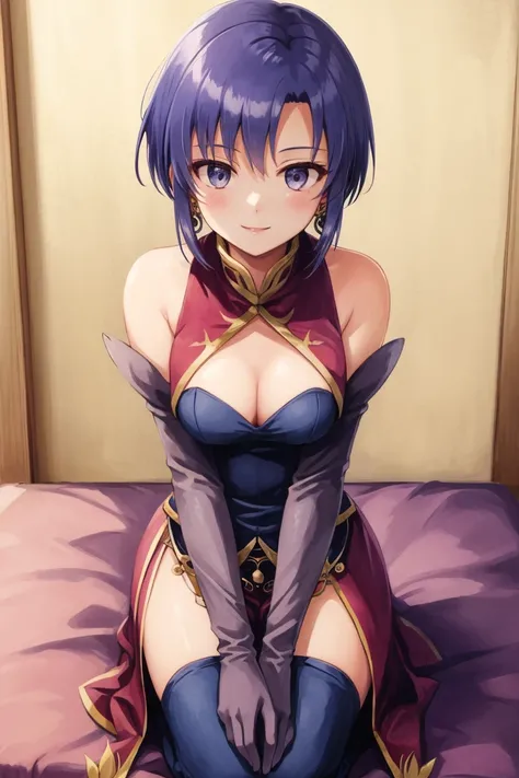 <lora:Ursula_FE-10:0.8> ursula fe, 1girl, solo, looking at viewer, smile, short hair, gloves, dress, cleavage, bare shoulders, jewelry, medium breasts, earrings, elbow gloves, side slit, seiza, from above, looking at viewer, smile, hands on own lap, indoors, bed, bedroom