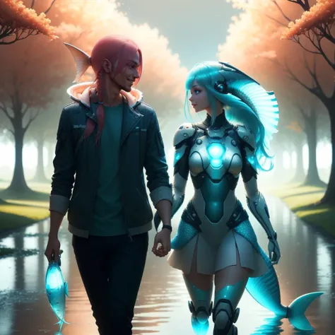 <lora:FishyTech-20:0.8>,fishytech,scifi,
light smile, couple walking in the park, long hair , short hair ,glowing colored hair, looking at another,( manly:1.1)