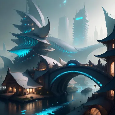 <lora:FishyTech-20:0.8>,fishytech ,scifi, scales,
city, bridge, river
