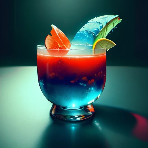 food photography shot of a cocktail made with blue casino and other tropical ingredients (masterpiece, best quality, high quality, highres, ultra-detailed), <lora:FishyMagic:1> , scifi, <lora:cocktail_v2:0.8> <lora:Potion Craft_1069016:0.4>