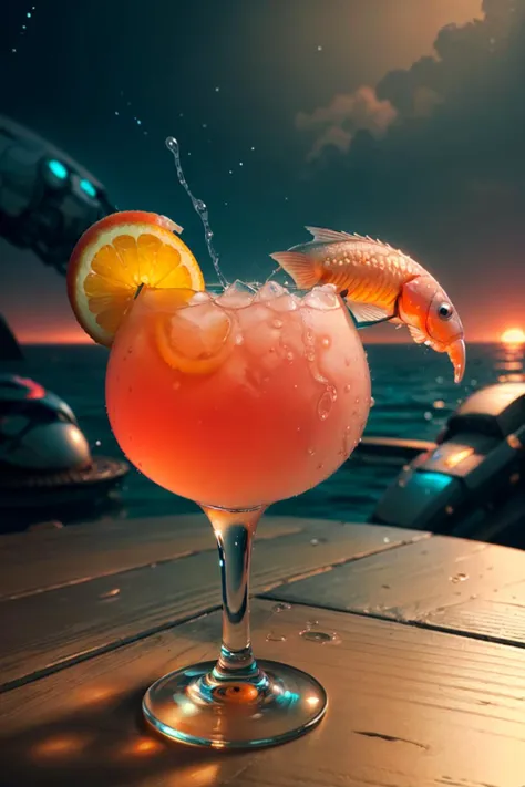 <lora:FishyMagic:.8>,  fishytech, scifi, tequila sunrise \(drink\)