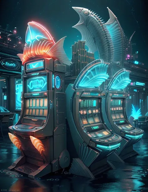 <lora:FishyMagic:1.0> fishytech Quantum-based Slot Machine Arena, Electroactive Shape-changing Facades, Incandescent Outdoor Lamps, Neon Lights