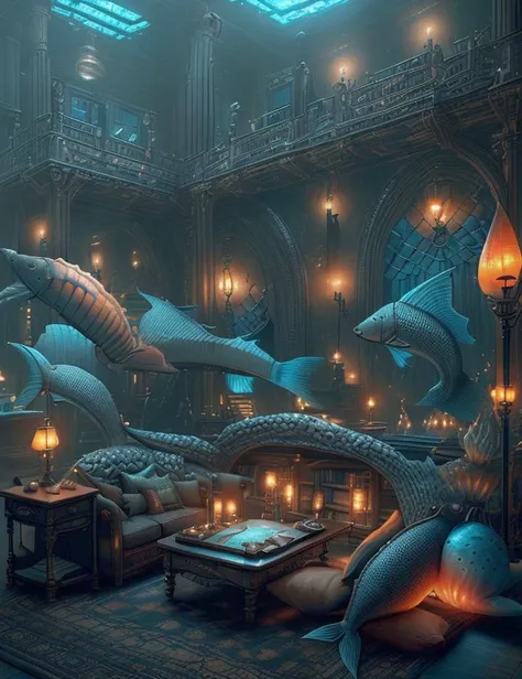 <lora:FishyMagic:1.0> fishytech Classroom, Decorative Cushions/Pillows,Curtains,Table Lamp,Shelves,Coffee Table, Basalt stone and Weft-Faced Technique tapestry and Carpet, Halogen Bulbs, Fiber Optic Lighting