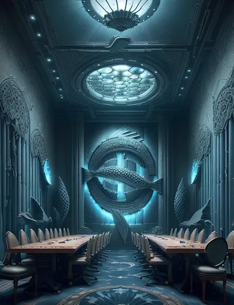<lora:FishyMagic:1.0> fishytech Meeting Room, Ceiling Light,Curtains, Obsidian stone and Cork Flooring and Tapestry Samitum tapestry, Moonlight, Night Lights