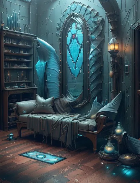 <lora:FishyMagic:1.0> fishytech Neural Implant Calibration Chamber, Spyglass,Couch,Enchanted Amulet,Invisibility Cloak, Slate and Engineered Wood Flooring and Stained Glass Tapestry Weave tapestry, High-Intensity Discharge Lamps, Under-Cabinet Lighting, cyberpunk, sci-fi