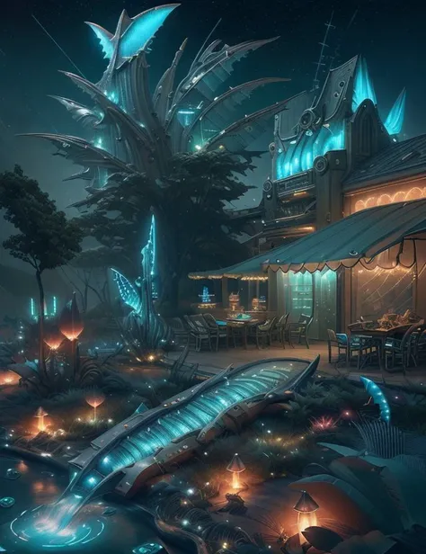 <lora:FishyMagic:1.0> fishytech Galactic Racing and Betting Track, Rhyolite stone,Plasma-Generated Force Fields, String Lights (Fairy Lights), Patio Umbrella Lights
