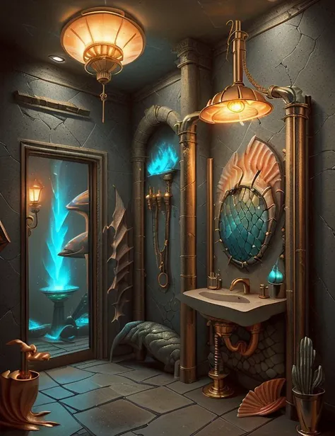 <lora:FishyMagic:1.0> fishytech Mudroom, Golden Chalice,Pendant Light, Diorite stone and Laminate, Fire Torch or Tiki Torch, Smart Lighting, sci-fi