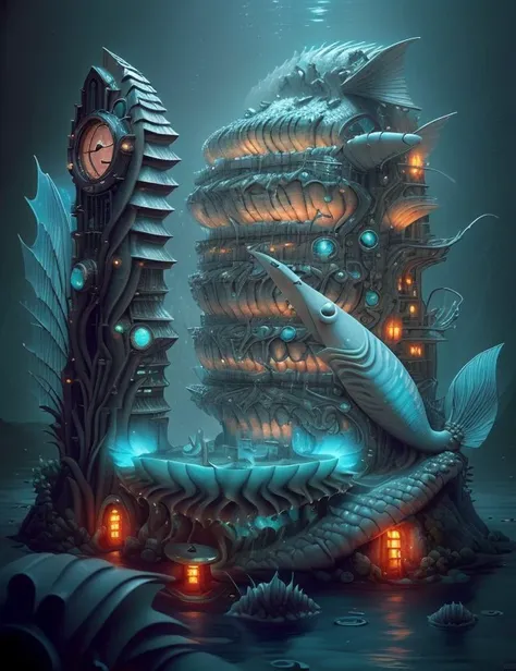 <lora:FishyMagic:1.0> fishytech Enigma Institute of Spells and Potions, Self-adjusting Nanofluidic Climate Control,Tuff stone, Twilight, Gobo Lighting