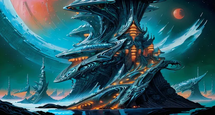 a highly detailed painting of a fishytech space station hanging above an alien moon, wide angle shot, hyper detail, dramatic light, intricate details, bold colors, dynamic composition (in the style of by Philippe Druillet:1.3) <lora:FishyMagic:0.9> , scifi