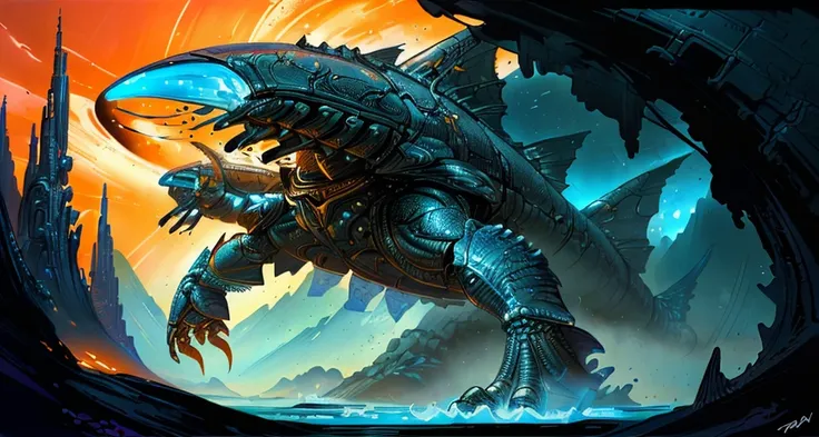 a highly detailed painting of a trim man wearing fishytech power armor while exploring an alien landscape, wide angle shot, hyper detail, dramatic light, intricate details, bold colors, dynamic composition (in the style of Frank Kelly Freas:1.3) <lora:FishyMagic:0.6> , scifi,