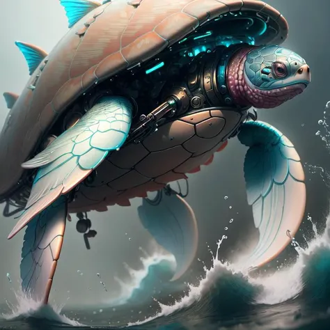 (masterpiece:1.2), (best quality:1.2), extremely detailed, (beautiful face), (perfect face), (perfect hands), highres, fishytech, scifi, <lora:FishyMagic:1>, (turtle, animal), sea, full body