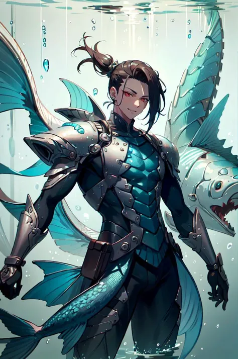 cowboy shot,  solo,  <lora:FishyMagic:1> fishytech, fantasy, scales, underwater,, ultra detailed, masterpiece, best quality, aesthetic, detailed,, solo, smug smile, 1boy, red eyes, <lora:Tsurime3:0.7>, (tsurime:1.2), black hair, undercut, top knot, parted bangs, long bangs, bangs, short hair, hair intakes, tall,