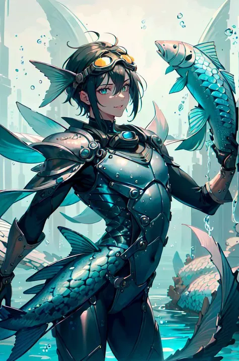cowboy shot,  solo,  <lora:FishyMagic:1> fishytech, fantasy, scales, underwater,, ultra detailed, masterpiece, best quality, aesthetic, detailed,, ultra detailed, masterpiece, best quality, solo, smile, 1boy, green eyes, short hair, black hair, bangs, hair between eyes, messy hair, (goggles on head:1.2),