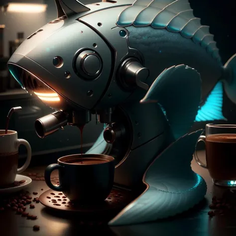 <lora:FishyTech-20:0.8>,fishytech ,scifi,  scales , 
coffee machine , coffee  mug,
