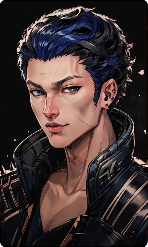Portrait of Yoru, solo, male in his Mid-thirties, (youthful adult:1.2), male focus, looking at viewer, spiked hair, short hair, two-tone hair, black hair, blue hair, ear piercing, blue eyes, Soul Card, jacket, shoulder spikes, simple background, <lora:YoruV2:1> , <lora:soulcard:0.8>