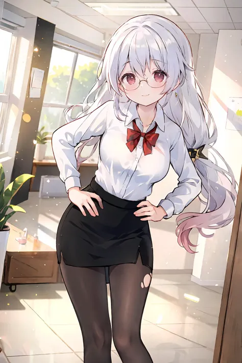 theresa apocalypse, solo, office lady, white collared shirt, pencil skirt, pantyhose, glasses, looking at viewer, hand on hip, office, indoors, depth of field, gasping, ecstasy, light smile