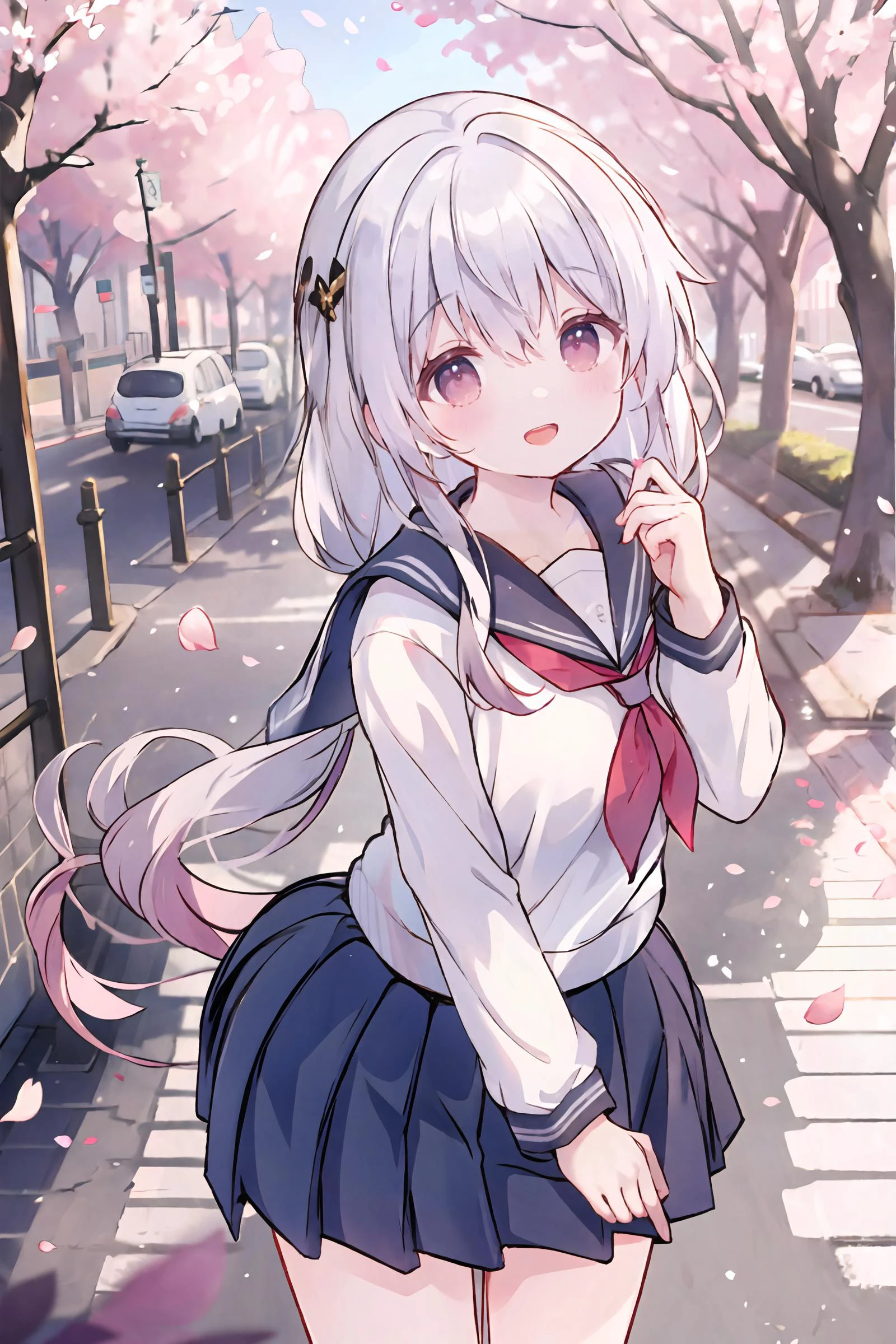 theresa apocalypse, solo, school uniform, white shirt, sweater, pleated skirt, light smile, double v, looking at viewer, smile, open mouth, outdoors, street, cherry blossoms, petals, depth of field