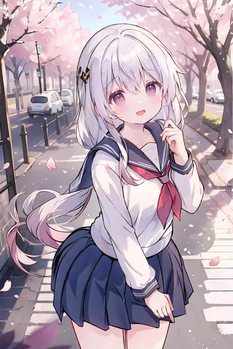 theresa apocalypse, solo, school uniform, white shirt, sweater, pleated skirt, light smile, double v, looking at viewer, smile, open mouth, outdoors, street, cherry blossoms, petals, depth of field